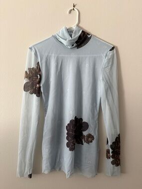 Ganni Light Blue Sheer Back Floral Turtleneck Top